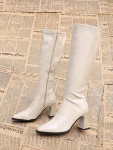 Fashion Slimming Beige Glossy PU Leather Women's Knee-High Boots, Autumn/Winter New Side Zipper Long Tube Riding Boots - Beige - View 1