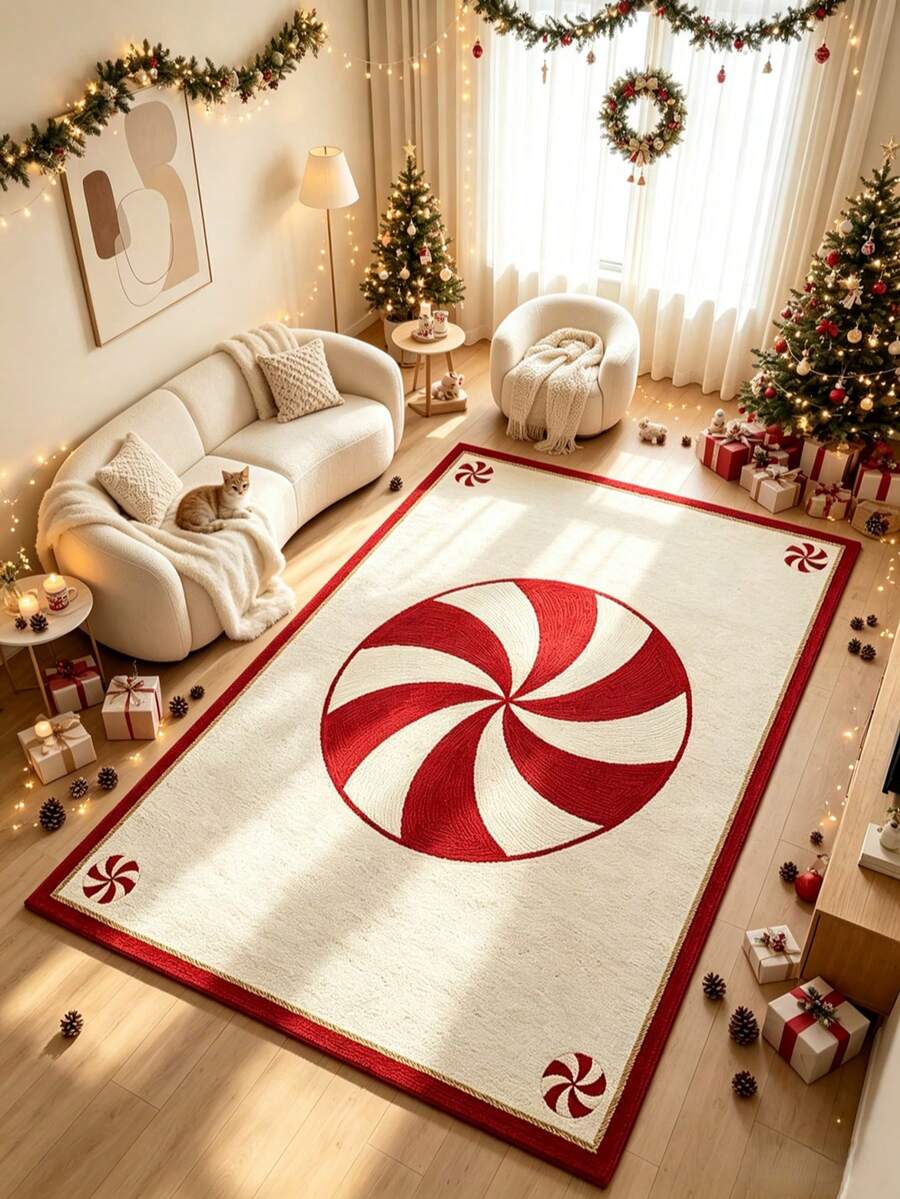 1pc Christmas Spiral Peppermint Candy Floor Mat, Living Room Carpet, Area Rug, Large Rug, Floor Mat, Christmas Carpet - Multicolor - View 1