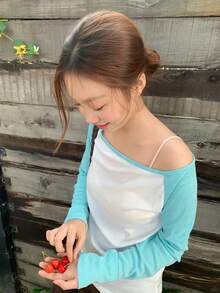 Atasan Lengan Panjang Wanita Gaya Korea Asli Bahan Linen Transparan dengan Motif Patchwork Warna Kontras Ringan Pelindung Matahari - Biru - View 3
