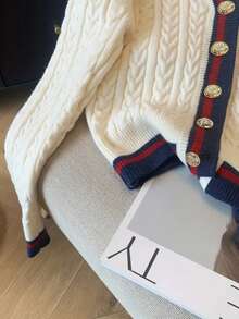 Women's Casual College Style Colorblock Striped Autumn/Winter Fashion Gold Button Knit Cardigan - Apricot - View 3