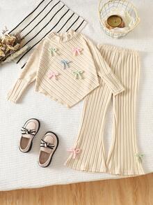 Conjunto de 2 Peças para Meninas Outono/Inverno, Top de Manga Longa e Calça Flare, Top de Manga Morcego e Calça Flare, Decoração de Laço 3D, Estilo Casual, Adequado para 4-7 Anos, Tecido Macio e Amigável à Pele, Uso Diário - Damasco - Visão 2