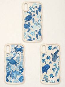 3 Pcs Wavy White Edge Ocean Sea Turtle Print Phone Case, Blue Tone Underwater Creature Illustration Soft Shell, Thickened Wavy Frame Full Coverage Anti-Drop TPU Phone Cover, Ins Vacation Style Niche Fresh Digital Accessory; Suitable For Valentine's Day, Easter, Mother's Day, Father's Day, Independence Day, Halloween, Thanksgiving, Christmas, New Year, Birthday, Back To School Gifts, Compatible With IPhone 17/17 Pro - Multicolor - View 42