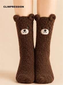 CLIMPRESSION Women's Cute Bear Plush Socks, Comfortable Coral Fleece Warm Winter Home Socks, Cartoon Animal Non-Slip Floor Socks, Suitable For Sleep And Leisure - Coffee Brown - View 4