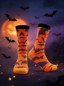 1 Pair Women's Bat Graphic Halloween Mid-Calf Socks, Personalized Bat Print, Comfortable Breathable Versatile Socks, Halloween Bat Socks, Suitable For Halloween Gifts - Orange - View 3