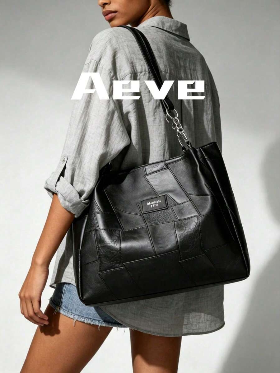 Women's Large Capacity Patchwork Textured Tote Bag, Vintage Personalized Punk Style Handbag, Y2K Style, Street Fashion Casual Shopping Crossbody Bag For Dating, Suitable For Carrying Cosmetics, Commuting, Business Travel - Black - View 1