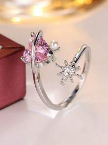 1pc Heart-Shaped Pink Diamond Snowflake Open Ring, Fresh And Sweet Design, Adjustable Ring For Women, Suitable For Daily Wear And Dating - Ring - View 6