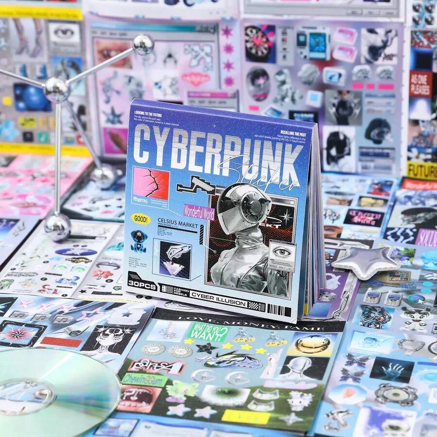 1pc/2pcs Vintage & Futuristic Sticker Book 30 Sheets, Retro Tech Style, Suitable For Decorating Laptop, Phone Case, Planner, Diary - Retro and Future - View 1