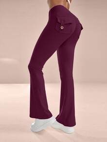 6pecil High Waist Purple Flare Yoga Pants With Pockets, Ruched Butt Lift Flare Pants, V-Shaped Tummy Control Flare Pants Sports - Purple - View 5