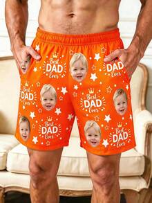 1pc Men's Customized Face Pattern & "Best Dad Ever" Print Black Casual Shorts, Personalized Comfortable Shorts, Father's Day Gift Holiday Present - Orange - View 4