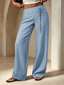 Striped Low Waist Wide Leg Floor Length Pants With Double Belt Tie Decoration - Blue - View 4