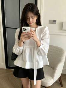 Korean Style Minimalist Early Autumn New Ribbon Doll Long Sleeve Blouse White - White - View 1