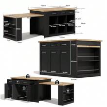 Multifunctional Kitchen Island, 150x96 Cm, With A Pull-Out Dining Table In Black, Laminated Wood Finish Countertop/Tabletop, And Integrated Storage Cabinets. Ideal For Family Kitchens And Entertaining Guests. - Black - View 2