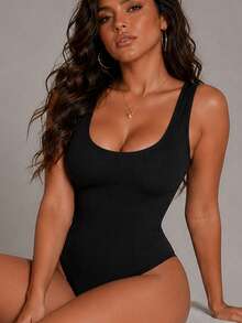 Women's Black Sleeveless Square Neck Bodysuit, High Elastic Ribbed Fabric, Open Back Design, Slim Fit, Summer Clean Look - Black - View 5