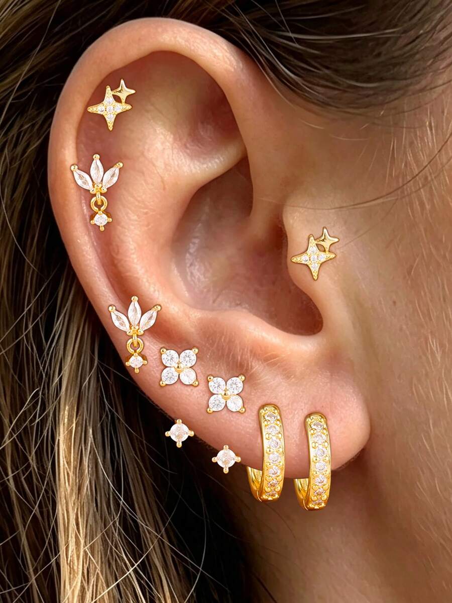 8PCS Light Luxury Stainless Steel Star Ear Studs Set For Women 18K Gold Plated Geometry Hoop Earring Fashion Aesthetic Jewelry - 8PCS-gold - View 1