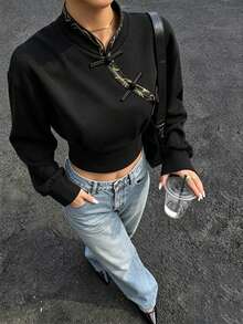 Women Fall/Winter Casual New Chinese-Style Modified Button-Closure Stand-Up Collar Cropped Sweatshirt,Black Top,Retro Daily Travel Vacations Outfit - Black - View 4