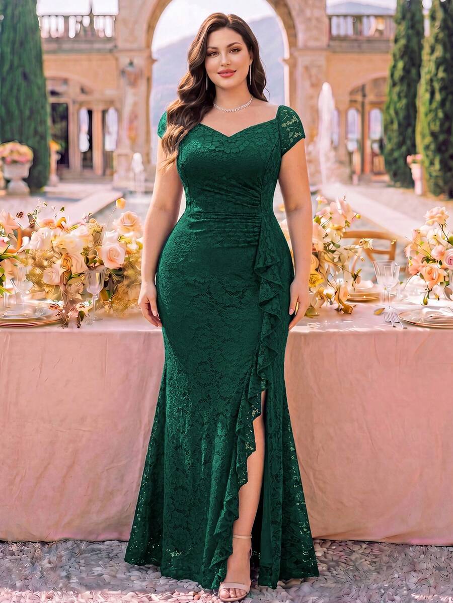 Plus Size Floral Lace V-Neck Open Shoulder Ruffle Slit Formal Evening Party Maxi Dress, Wedding Guest Dress Elegant Summer - Dark Green - View 1