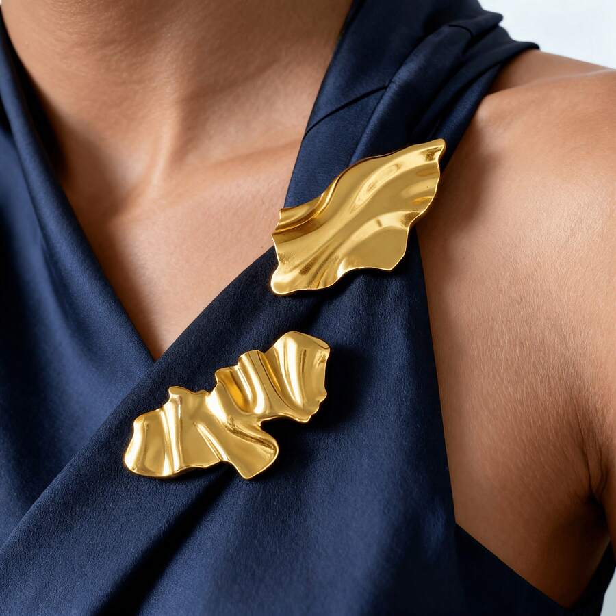 2pcs Double Brooch Set, Abstract Wave Sculpture Design, Mirror Polished Finish, Minimalist Artistic Luxury Style, Women's Party, Date, Formal Occasion Accessory, Perfect Gift - Style 1 - View 1