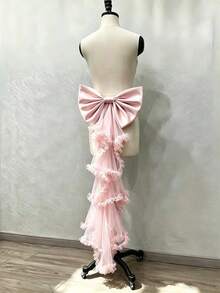 1pc Women's Bowknot Detachable Train, White Black Red Lake Blue Pink Champagne, 100cm Long Wavy Pleated Mesh Big Bow Train, Evening Dress Back Train, Wedding Dress Decoration Waistband, Detachable Bow Accessory Bridal Waist Decor, Wedding Dress Accessory Ribbon Waistband Suitable For Wedding Banquet Performance Party Dress Petticoat Cosplay Decoration Waistband, Holiday Decoration Waistband - Multicolor - View 6