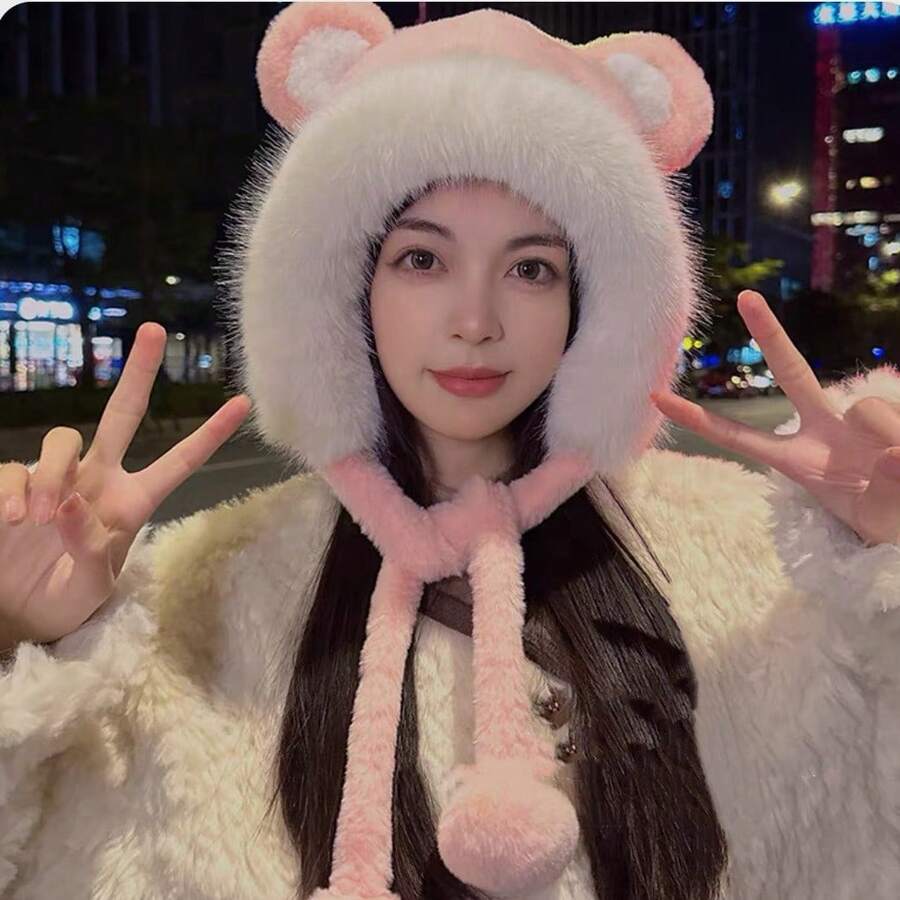 1pc Fall/Winter Hat-Cute Bear Hat For Girls With Ears, Plush, Fashionable, Versatile, Fits Large Head Circumference, Ear Protection, Warm, Lei Feng Style - D - View 1