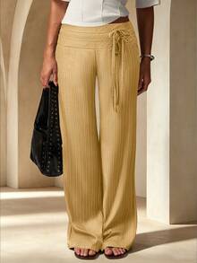 Striped Low Waist Wide Leg Floor Length Pants, Double Waistband Tie Decoration - Yellow - View 3