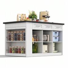 Multifunctional Kitchen Island 150cm + 96cm, Extendable White Dining Table, Black And White Marbled Wood Worktop/Table, Integrated Storage Cabinets, Ideal For Family Kitchens And Shared Dining - White - View 9