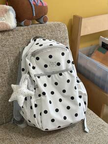 Ransel Kasual Kapasitas Besar Motif Polkadot Kain dengan Bordir Kucing dan Liontin Bintang untuk Wanita, Cocok untuk Pelajar, Perjalanan, dan Remaja Putri (Liontin Tidak Termasuk) - Hitam - View 6