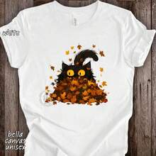 Unisex Black Cat Tee, Cat Playing In Fall Leaves Design, Autumn Thanksgiving & Back To School Casual Daily T-Shirt, Fast Local Delivery - 白色 - 查看 7