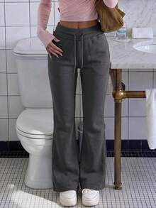 NOIRLYN Women's Fall High Waist Drawstring Flare Sweatpants, Slim Fit Floor-Length Casual Trousers - Dark Grey - View 3