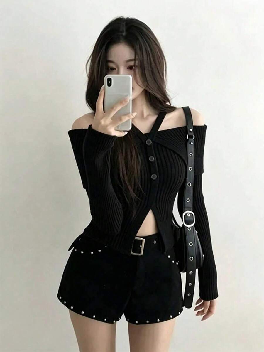 Autumn New Design Halter Neck Cold-Shoulder Slit Slim Fit Knit Sweater - Black - View 1