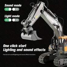 Con Luces y Sonido, Batería Recargable - Excavadora de control remoto de 11 canales de aleación y plástico, juguete de vehículo de ingeniería, juguete divertido para niños, camión de construcción de alta tecnología, regalo perfecto para niños, regalo de cumpleaños, regalo para novio, juguete para exteriores - Amarillo - Ver 4