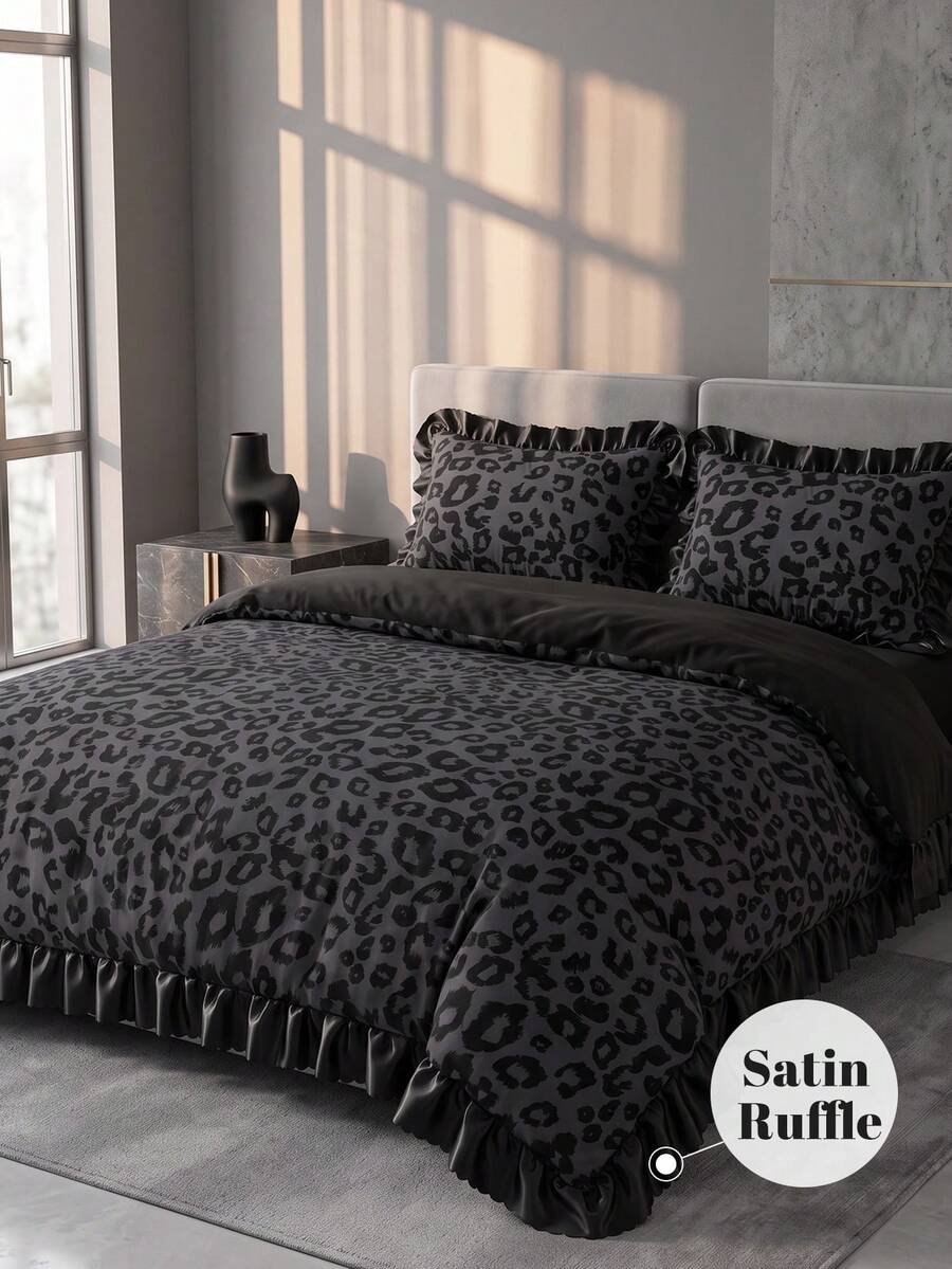 2/3pcs Satin Ruffle Duvet Cover Set, Dorm Bedding, Black Leopard Print Bedding Set, Cozy Room Decor, Skin-Friendly Breathable, Ultra Soft Anti-Pilling, No Duvet Insert Included, Suitable For Single/Double/Queen/King Size Bed, All Seasons, Machine Washable, Back To School