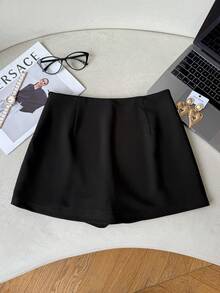 Rok Mini Wanita Warna Hitam Polos Pinggang Tinggi, Belahan Samping di Bagian Bawah, Potongan Ramping, Lapisan Dalam Pengaman, Gaya Pesta dan Perjalanan yang Elegan - Hitam - View 5