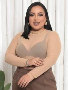 Plus Size Round Neck Tulle Bodysuit With Elastane, Sizes G1, G2, G3, Plus Size Women's Fashion - 米色 - 查看 2