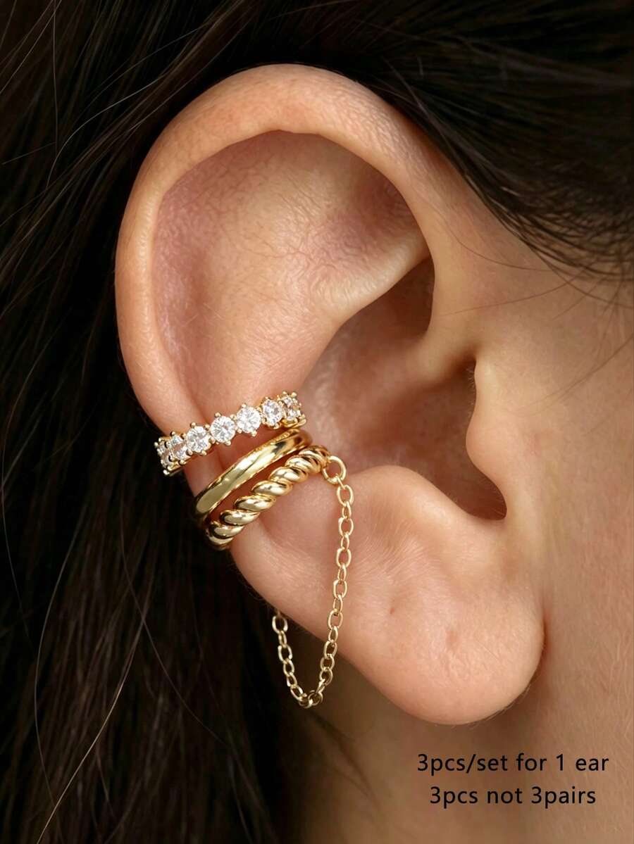 3pcs Shiny Exquisite Cubic Zirconia Chain Ear Clips Set, Multi-Layer Stackable Earrings Suitable For Women's Daily, Date, Party Wear (3pcs Not 3 Pairs) - Yellow Gold - View 1