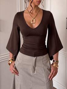 Women's Elegant Deep V-Neck Short Top, 3/4 Bell Sleeves, Fitted Ruched Waist, Basic T-Shirt Suitable For Casual Daily Wear - Coffee Brown - View 3