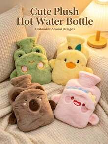 1pc 1000ml Neutral Cartoon Flocked Hot Water Bottle, Random Inner Color, Large Capacity, Refillable, Explosion-Proof & Leak-Proof, Detachable, Hand Warmer, Suitable For Winter Outdoor Camping, Travel, Home, Office, School, Dormitory And Daily Use - Hot Water Bottle - View 1