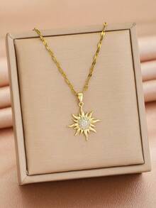 1pc Gold Plated Sparkly Rhinestone Sun Charm Necklace Dainty Boho Sunburst Charm Necklace Minimalist Fashion Jewelry Gift For Girls Daily Wear - Gold - View 1