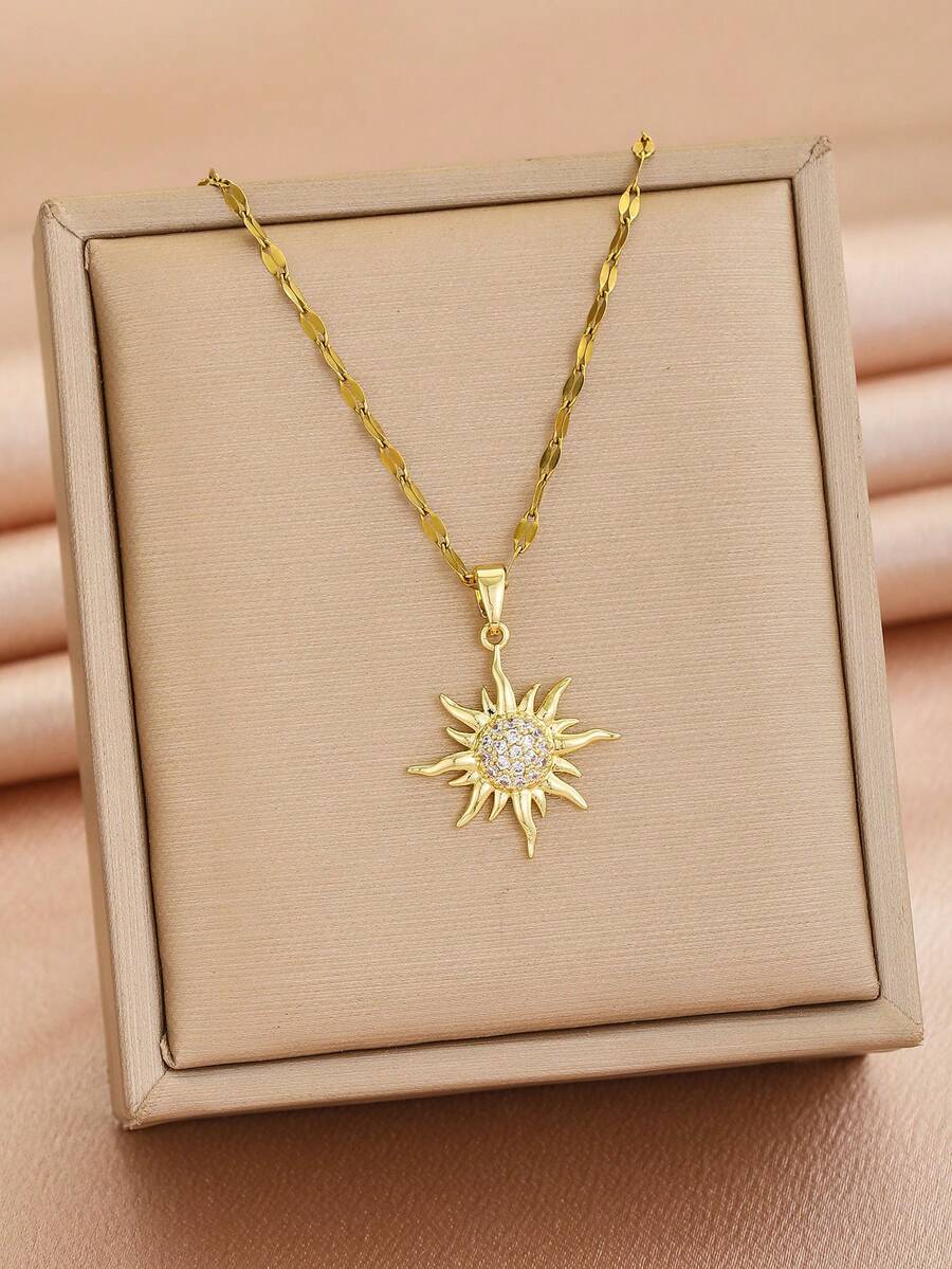 1pc Gold Plated Sparkly Rhinestone Sun Charm Necklace Dainty Boho Sunburst Charm Necklace Minimalist Fashion Jewelry Gift For Girls Daily Wear - Gold - View 1