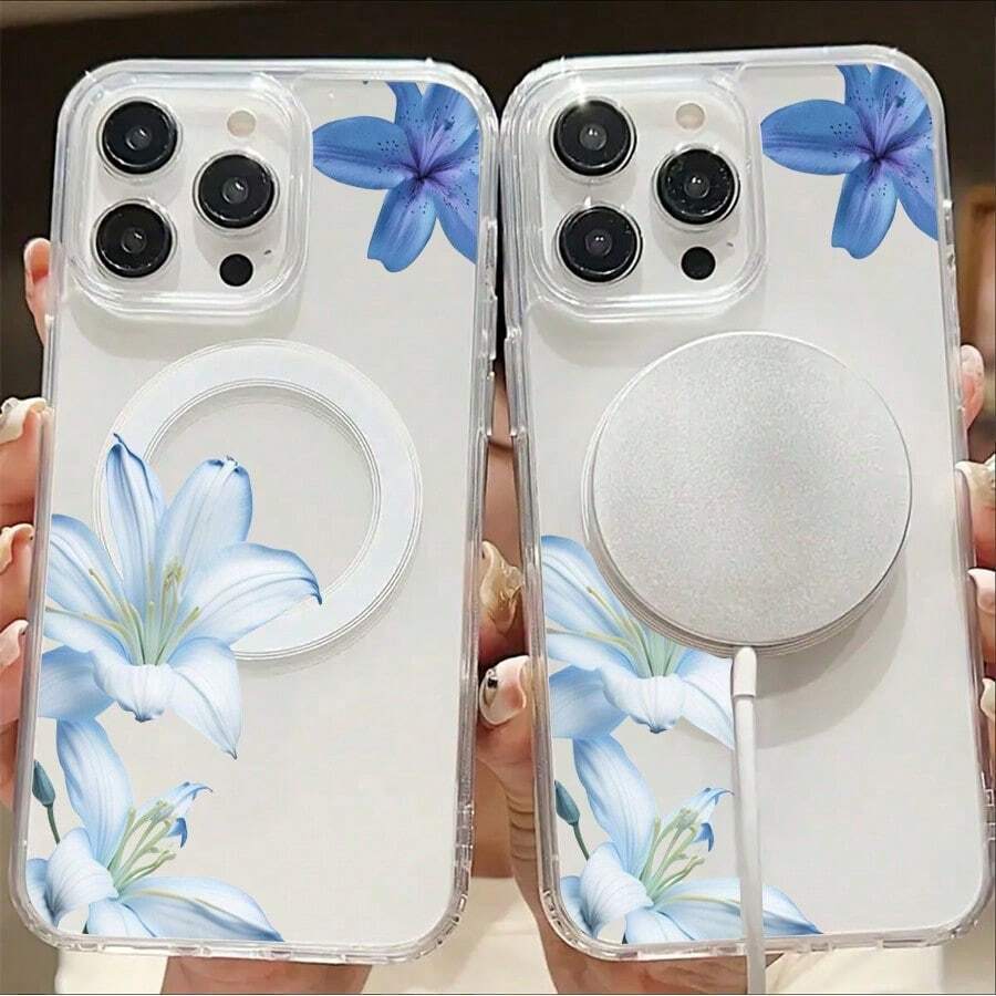 Blue Lilies Elegant Floral Design White Background -Clear Magnetic Phone Case For IPhone [X/11/12/13/14/15/16 Pro Max]-Slim TPU Shockproof Cover,Anti-Slip & Scratch-Resistant,Good Gift For Girls And Boys | Summer Gift Idea - Clear - View 1