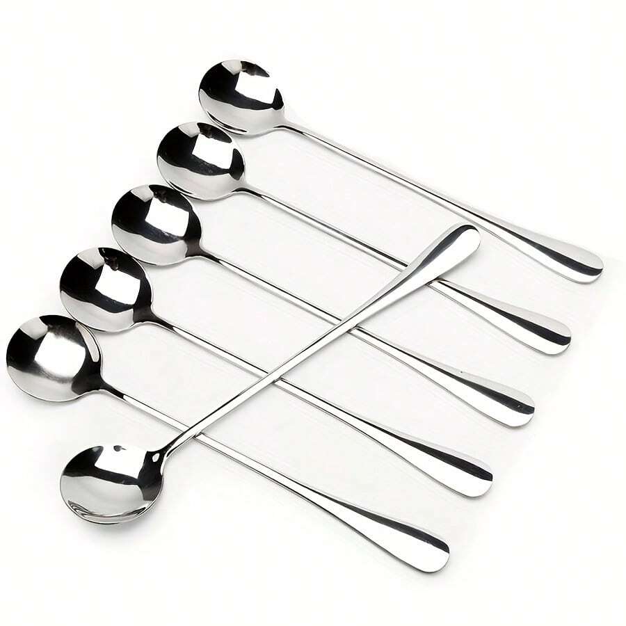 6 Long Handled Iced Tea Spoons, Mixing Spoons, Coffee Spoons, Stainless Steel Long Handled Circular Spoons Tableware, Can Be Machine Washed, Suitable For Home, Restaurant, Bar - View 1