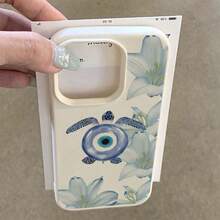 1pc TPU Material Blue Eye Turtle & Lily Flower Pattern Phone Case Compatible With IPhone 17 Pro Max/17/16 Pro Max/15/13/12/11/ S20 FE/A15/S24/A55/ Note 11/Note 12/Note 13 Pro Full Coverage Anti-Drop Soft Shell Phone Protective Cover - White - View 3