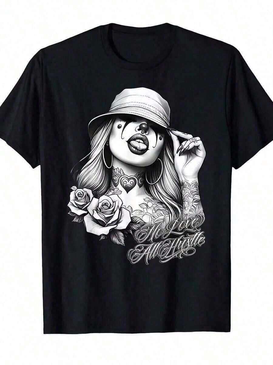 Camiseta con diseño de tatuaje estilo, unisex, suave, adecuada para todas las estaciones, ropa casual de calle, estilo básico versátil - Negro - Ver 1
