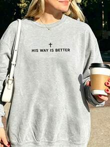 His Way Is Better Christian Lightweight Sweatshirt Comfort -Christian Merch Jesus Top Minimal Christian Gift Vintage Letter Print Christian Apparel-91 - 灰色2 - 查看 7