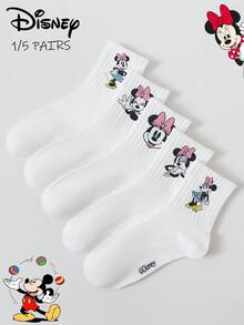 Disney 1/5雙迪士尼襪子，米老鼠襪子，米妮鼠襪子，唐老鴨圖案男女中筒襪，卡通系列可愛酷炫中性風格，高級中筒襪，印有迪士尼米老鼠圖案，完美假期禮物，經典純色粗條紋白色運動襪－假期送禮的完美選擇 - 彩色 - 查看 1