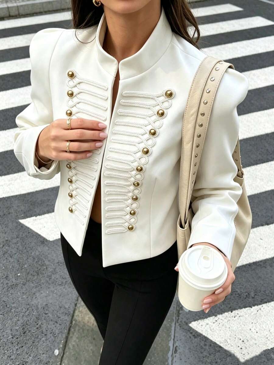 Mellowy 春夏新款女式回校通勤新中式鈕扣立領長袖墊肩修身西裝外套