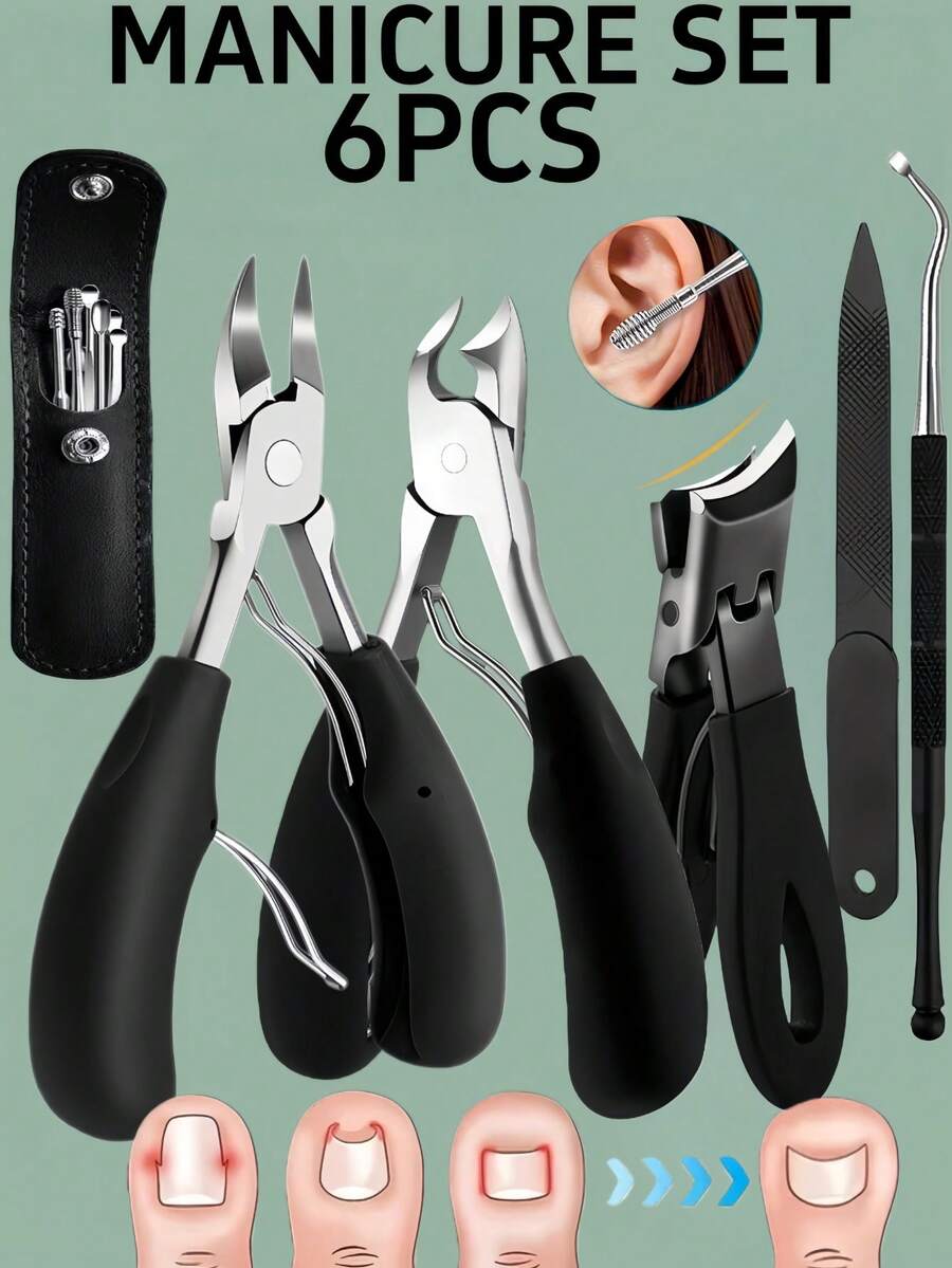 6pcs/Set Thick Toenail Clippers For Elderly - Wide Jaw Large Toenail Scissors, Includes Ear Wax Removal Tool, Suitable For Thick Ingrown Nails And Pedicure, Professional Sharp Heavy Duty Nail Clipper, Professional Manicure Care Set, Travel Case, Gift For Friends, Boyfriends And Parents