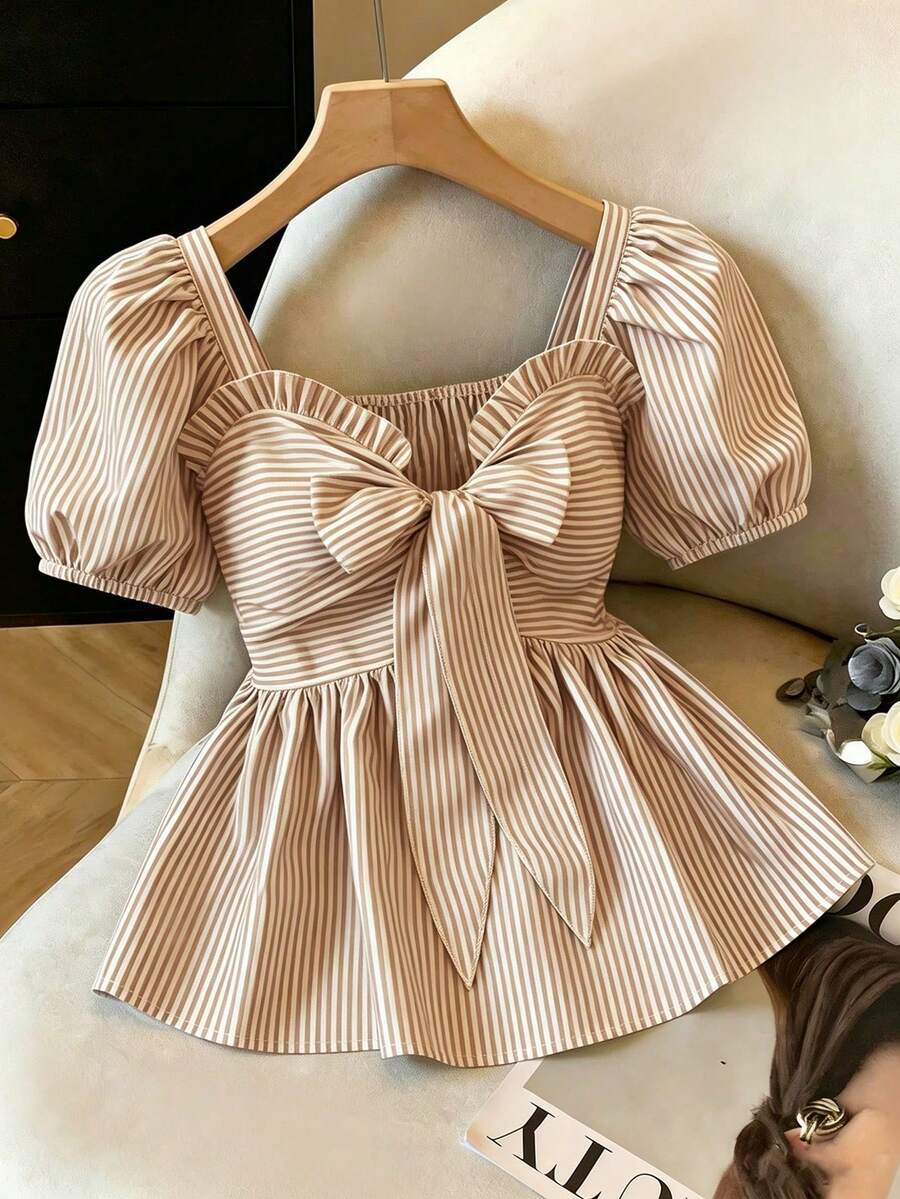 de mujer nueva con rayas azules, lazo delantero, mangas abullonadas, cintura ceñida y bajo tipo paraguas, top de manga corta para salidas, desplazamientos, vacaciones, días festivos, uso casual, formal, academia y uso diario - Caqui - Ver 1