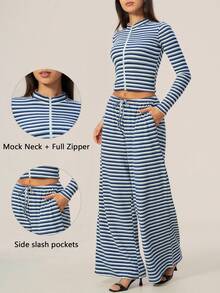 TimeOff Women's One Set Autumn/Winter Color-Block Striped Zip-Up Jacket With Side Pockets And Drawstring Waist Wide-Leg Pants - Royal Blue - View 3