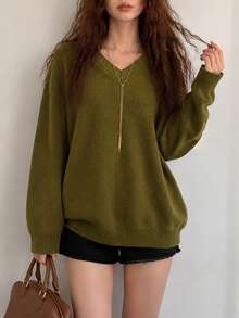 Women's Autumn/Winter Casual Elegant Minimalist Slouchy Pullover Sweater Fall - Algae Green - View 3