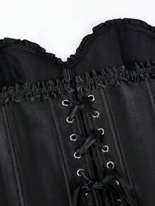 Whisplicity Women's Elegant Black Satin Corset Top With Boning Support, Strapless Design, Ruffle Trim, Lace-Up Back, Shaping Outerwear Top Summer - Black - View 8